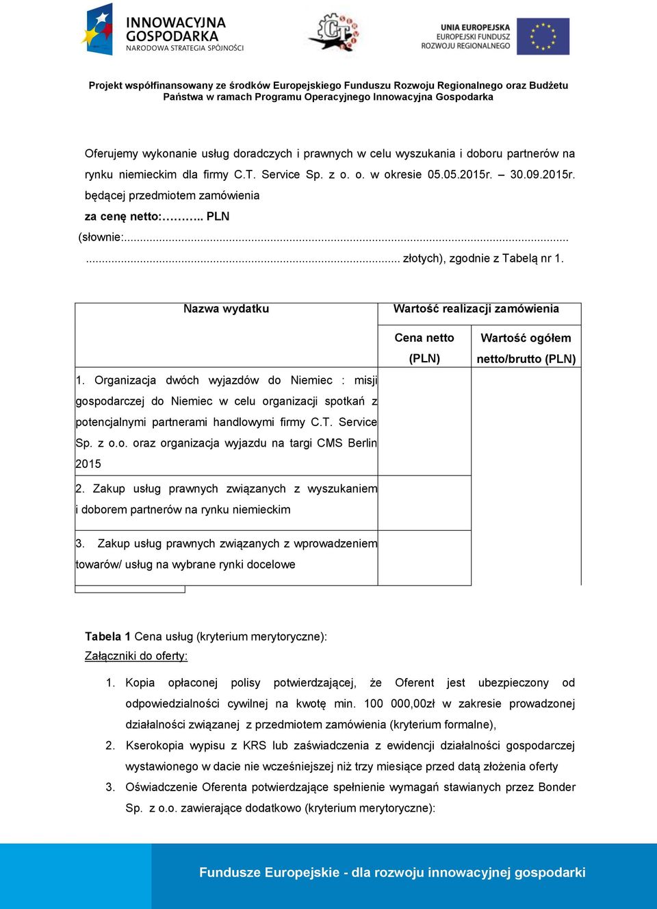 Nazwa wydatku Wartość realizacji zamówienia Cena netto (PLN) Wartość ogółem netto/brutto (PLN) 1.