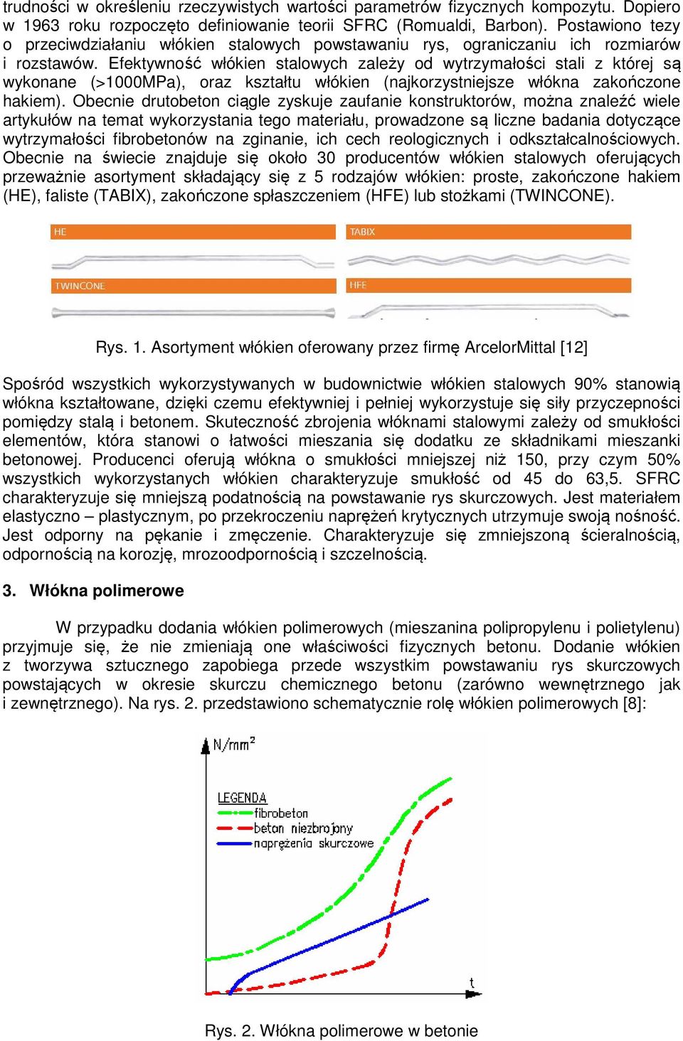 Efektywność włókien stalowych zależy od wytrzymałości stali z której są wykonane (>1000MPa), oraz kształtu włókien (najkorzystniejsze włókna zakończone hakiem).