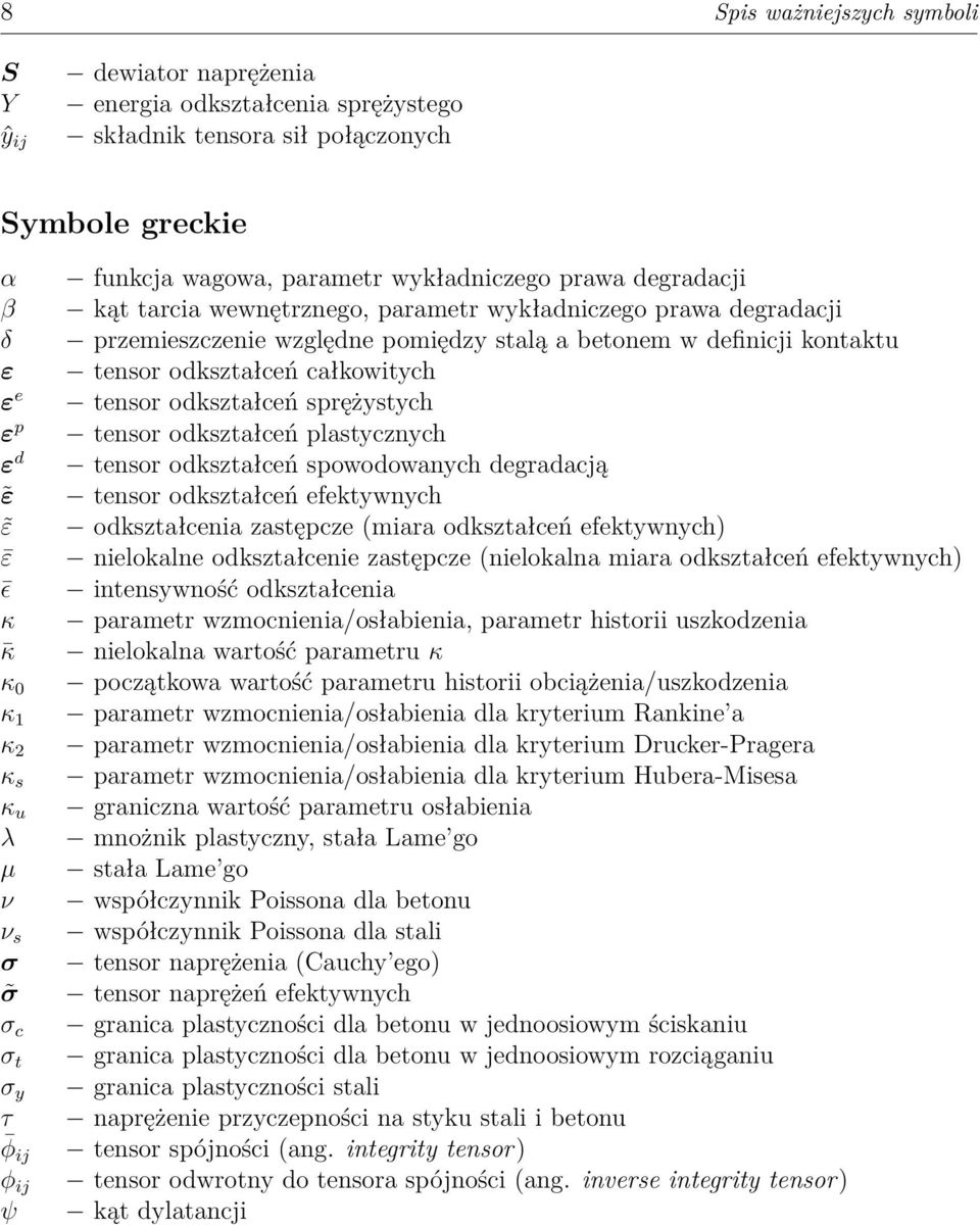 sprężystych ε p tensor odkształceń plastycznych ε d tensor odkształceń spowodowanych degradacją ε tensor odkształceń efektywnych ε odkształcenia zastępcze (miara odkształceń efektywnych) ε nielokalne