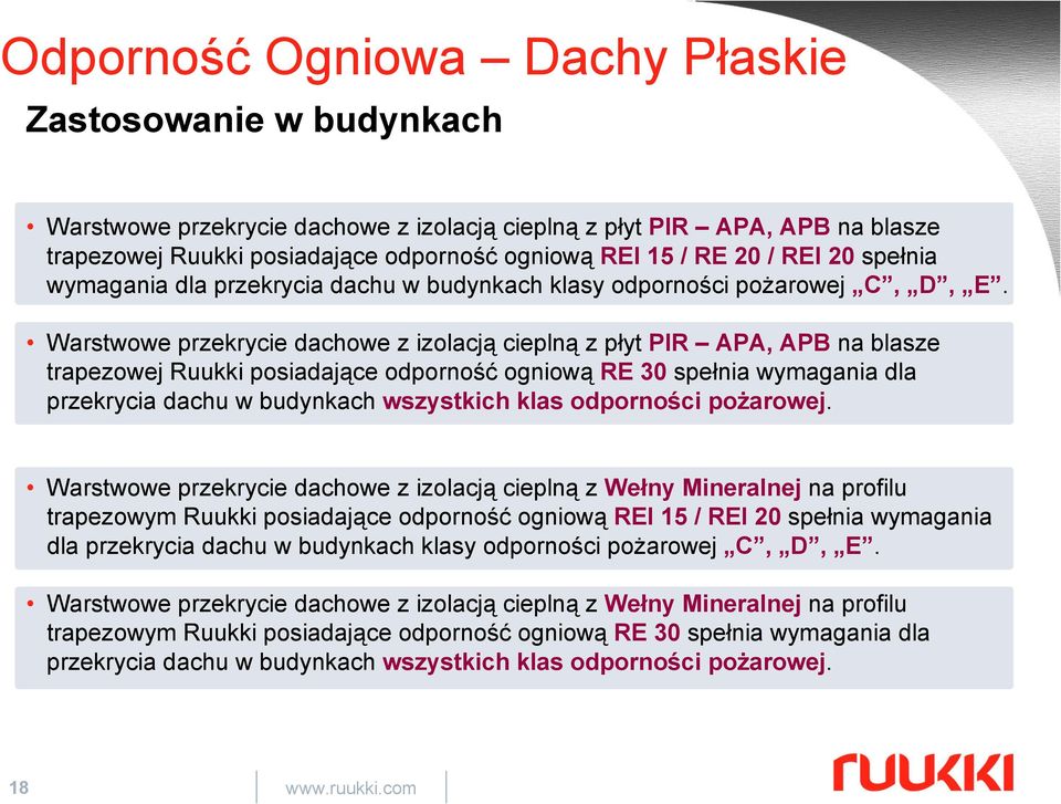 Warstwowe przekrycie dachowe z izolacją cieplną z płyt PIR APA, APB na blasze trapezowej Ruukki posiadające odporność ogniową RE 30 spełnia wymagania dla przekrycia dachu w budynkach wszystkich klas