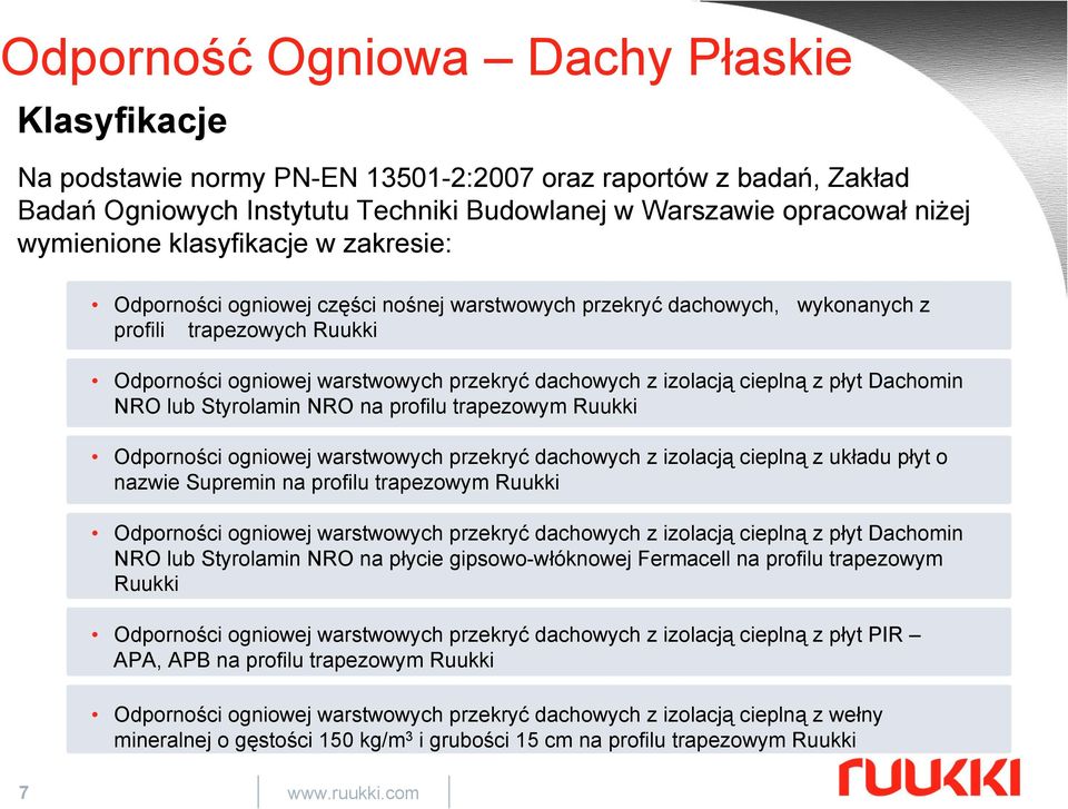 Styrolamin NRO na profilu trapezowym Ruukki Odporności ogniowej warstwowych przekryć dachowych z izolacją cieplną z układu płyt o nazwie Supremin na profilu trapezowym Ruukki Odporności ogniowej