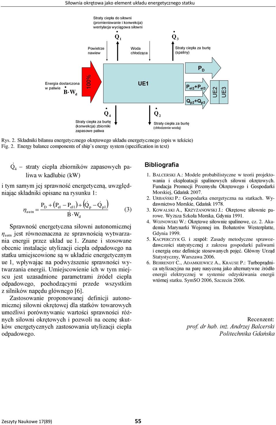 2. Energy balance components of ship s energy system (specification in text) Q 4 straty ciepła zbiorników zapasowych paliwa w kałubie (kw) i tym samym jej sprawność energetyczną, uwzglęniając