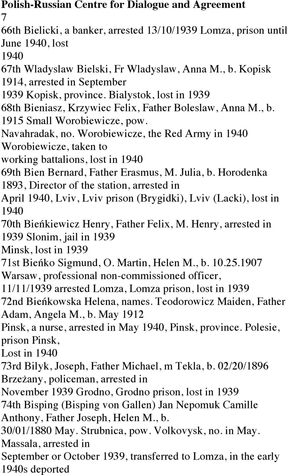 Worobiewicze, the Red Army in 1940 Worobiewicze, taken to working battalions, lost in 1940 69th Bien Bernard, Father Erasmus, M. Julia, b.