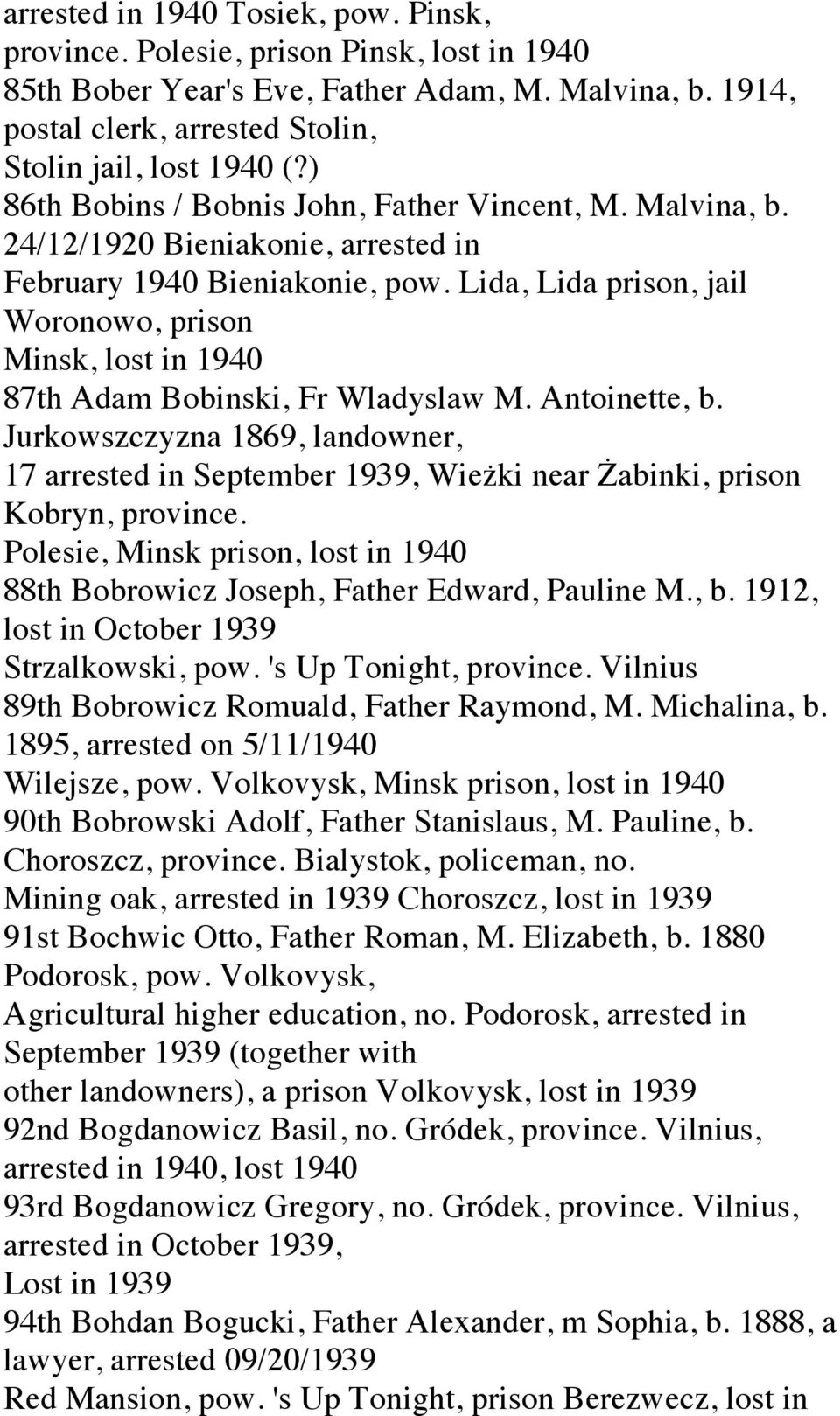 Lida, Lida prison, jail Woronowo, prison Minsk, lost in 1940 87th Adam Bobinski, Fr Wladyslaw M. Antoinette, b.