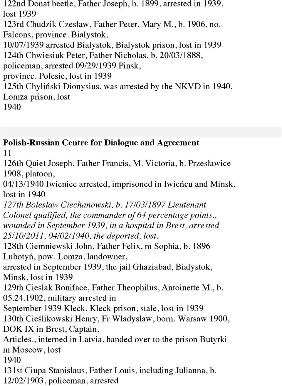 Polesie, lost in 125th Chyliński Dionysius, was arrested by the NKVD in 1940, Lomza prison, lost 1940 11 126th Quiet Joseph, Father Francis, M. Victoria, b.