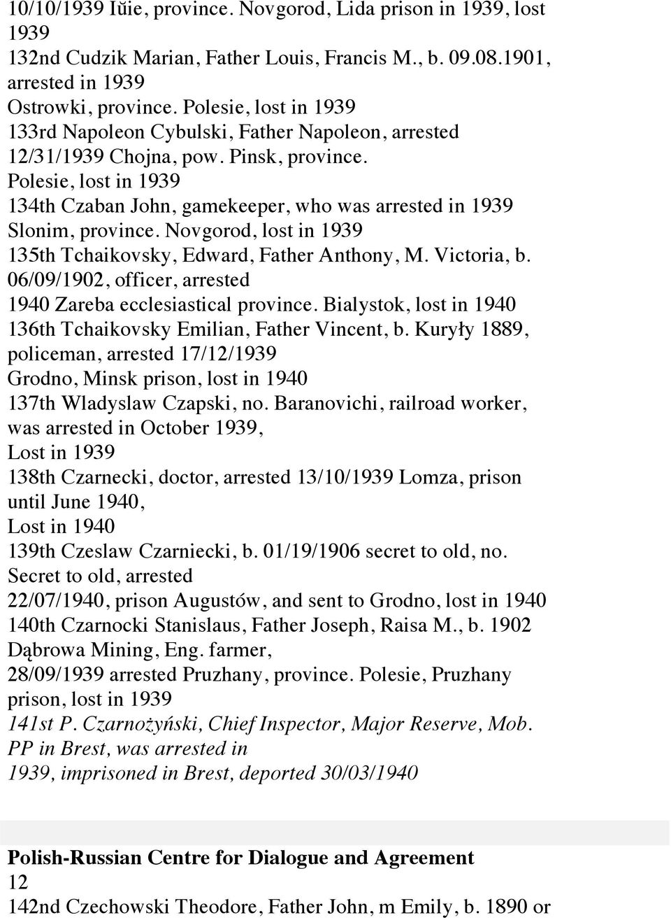 Novgorod, lost in 135th Tchaikovsky, Edward, Father Anthony, M. Victoria, b. 06/09/1902, officer, arrested 1940 Zareba ecclesiastical province.