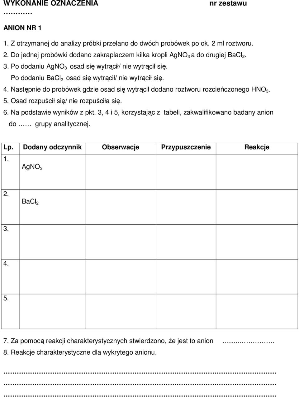 Następnie do probówek gdzie osad się wytrącił dodano roztworu rozcieńczonego HNO 3. 5. Osad rozpuścił się/ nie rozpuściła się. 6. Na podstawie wyników z pkt.