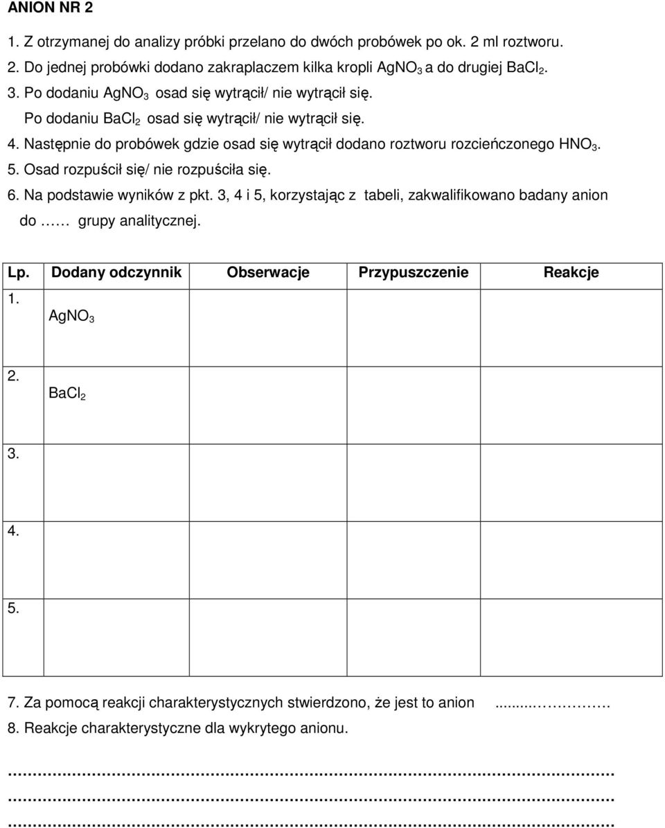 Następnie do probówek gdzie osad się wytrącił dodano roztworu rozcieńczonego HNO 3. 5. Osad rozpuścił się/ nie rozpuściła się. 6. Na podstawie wyników z pkt.