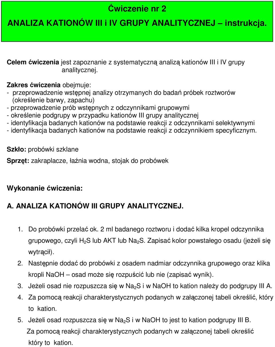 podgrupy w przypadku kationów III grupy analitycznej identyfikacja badanych kationów na podstawie reakcji z odczynnikami selektywnymi identyfikacja badanych kationów na podstawie reakcji z