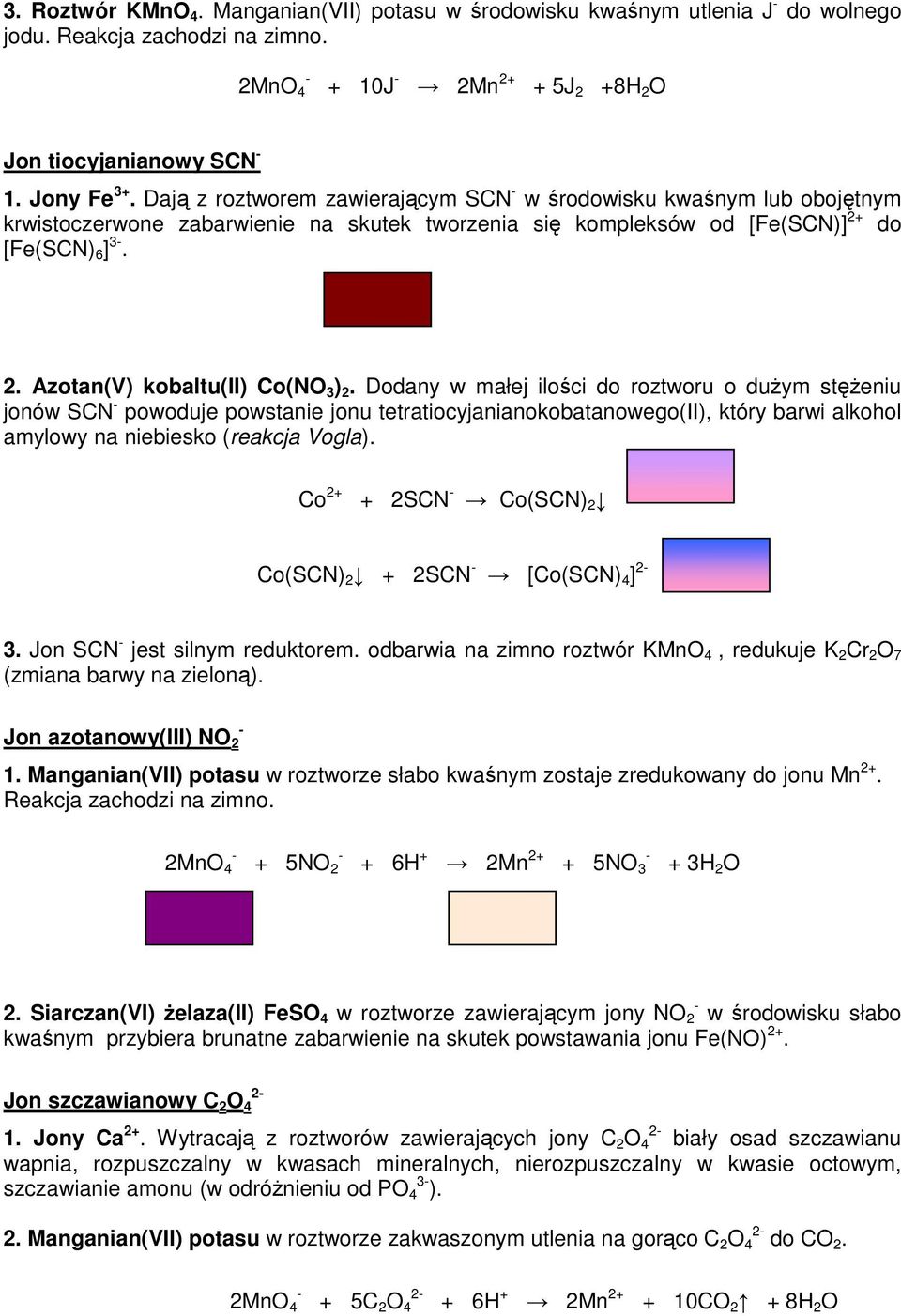 Dodany w małej ilości do roztworu o duŝym stęŝeniu jonów SCN powoduje powstanie jonu tetratiocyjanianokobatanowego(ii), który barwi alkohol amylowy na niebiesko (reakcja Vogla).