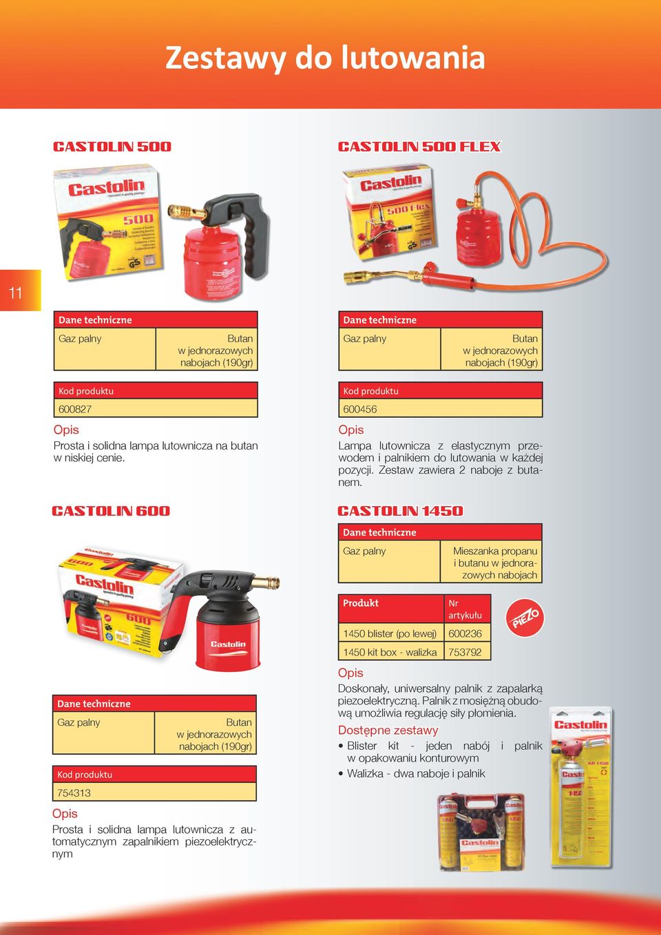 CASTOLIN 1450 Gaz palny Mieszanka propanu i butanu w jednorazowych nabojach Produkt Nr artykułu Gaz palny 754313 Butan w jednorazowych nabojach (190gr) 1450 blister (po lewej) 600236 1450 kit box -