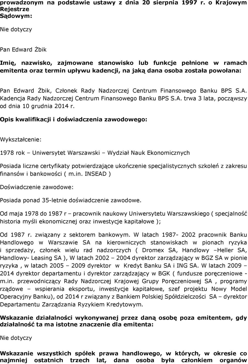 Żbik, Członek Rady Nadzorczej Centrum Finansowego Banku BPS S.A. Kadencja Rady Nadzorczej Centrum Finansowego Banku BPS S.A. trwa 3 lata, począwszy od dnia 10 grudnia 2014 r.