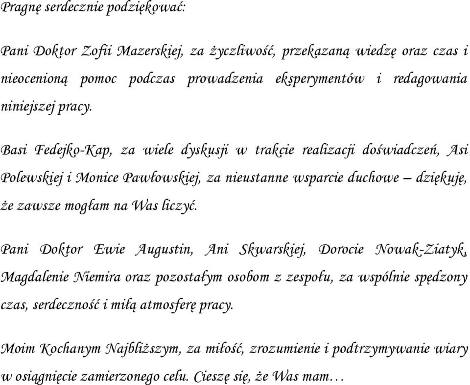 Basi Fedejko-Kap, za wiele dyskusji w trakcie realizacji doświadczeń, Asi Polewskiej i Monice Pawłowskiej, za nieustanne wsparcie duchowe dziękuję, że zawsze mogłam na