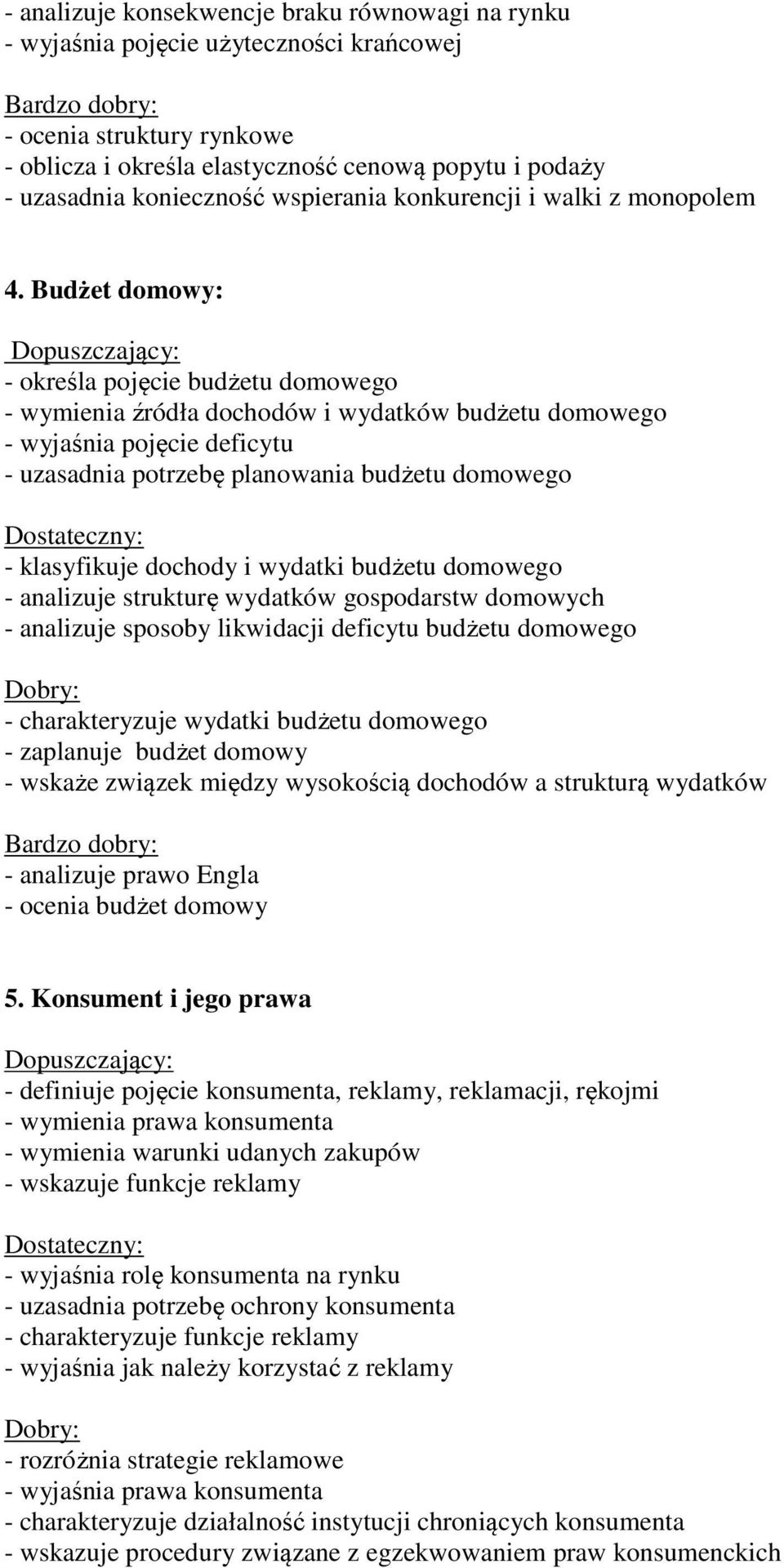 Budżet domowy: - określa pojęcie budżetu domowego - wymienia źródła dochodów i wydatków budżetu domowego - wyjaśnia pojęcie deficytu - uzasadnia potrzebę planowania budżetu domowego - klasyfikuje