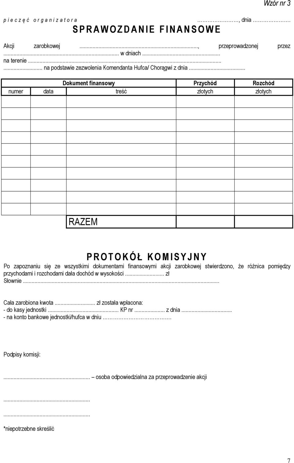 .. Dokument finansowy Przychód Rozchód numer data treść złotych złotych RAZEM P R O T O K Ó Ł K O M I S Y J N Y Po zapoznaniu się ze wszystkimi dokumentami finansowymi akcji zarobkowej
