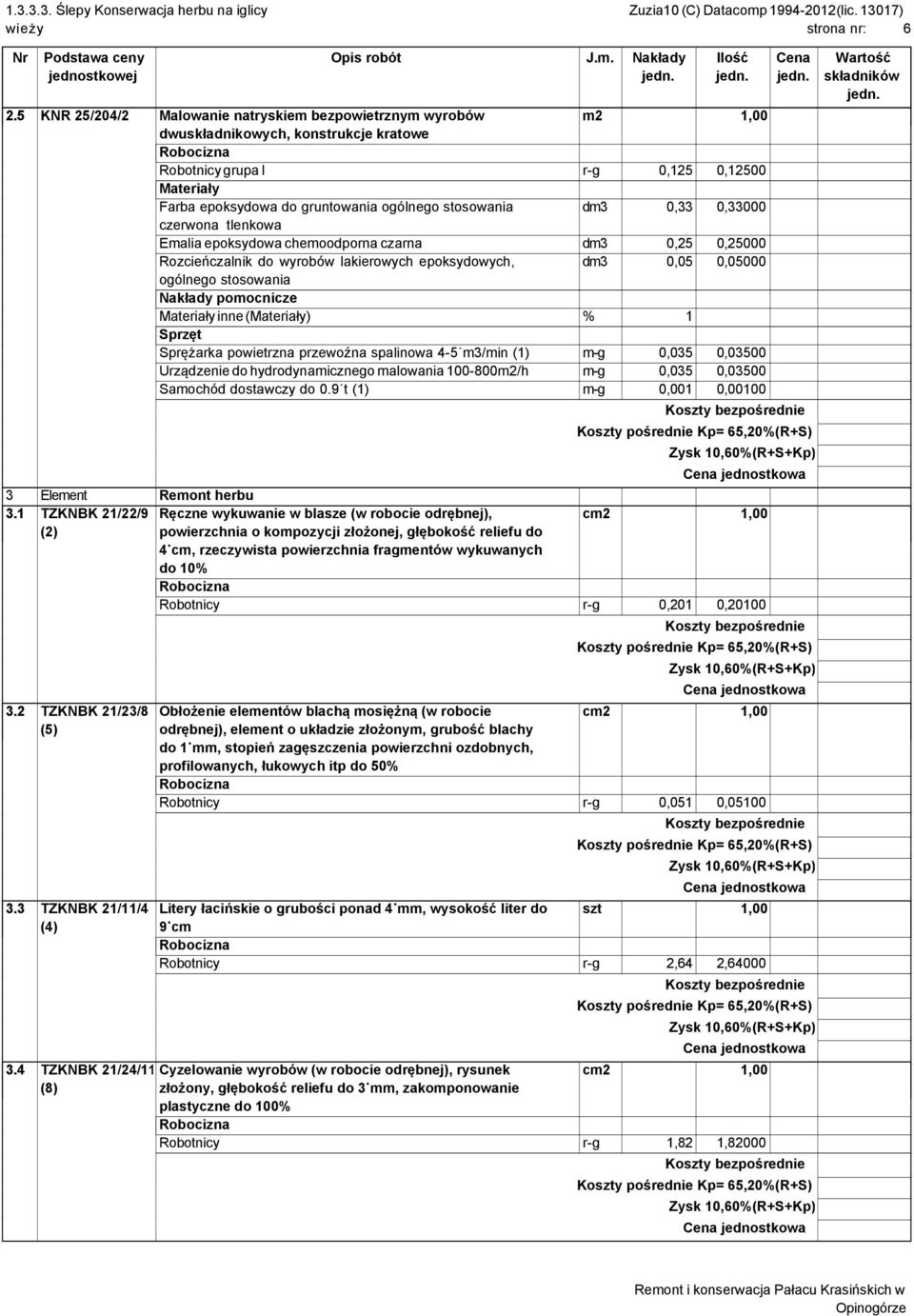 0,33 0,33000 czerwona tlenkowa Emalia epoksydowa chemoodporna czarna dm3 0,25 0,25000 Rozcieńczalnik do wyrobów lakierowych epoksydowych, dm3 0,05 0,05000 ogólnego stosowania inne () % 1 Sprężarka