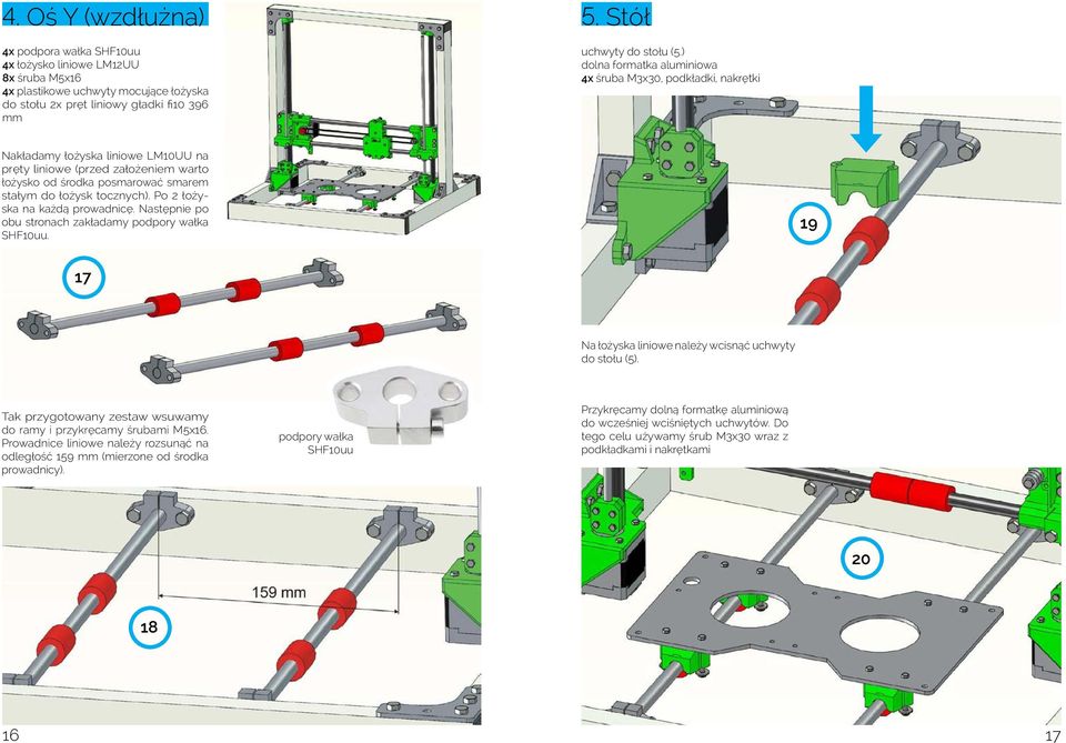 tocznych). Po 2 łożyska na każdą prowadnicę. Następnie po obu stronach zakładamy podpory wałka SHF10uu. 19 17 Na łożyska liniowe należy wcisnąć uchwyty do stołu (5).