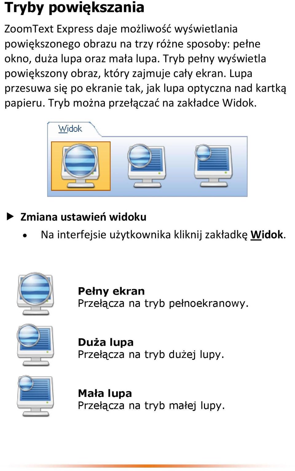 Lupa przesuwa się po ekranie tak, jak lupa optyczna nad kartką papieru. Tryb można przełączać na zakładce Widok.