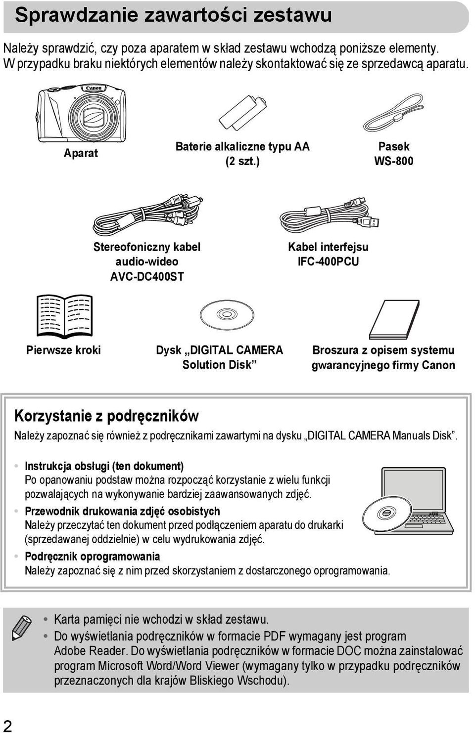 ) Pasek WS-800 Stereofoniczny kabel audio-wideo AVC-DC400ST Kabel interfejsu IFC-400PCU Pierwsze kroki Dysk DIGITAL CAMERA Solution Disk Broszura z opisem systemu gwarancyjnego firmy Canon