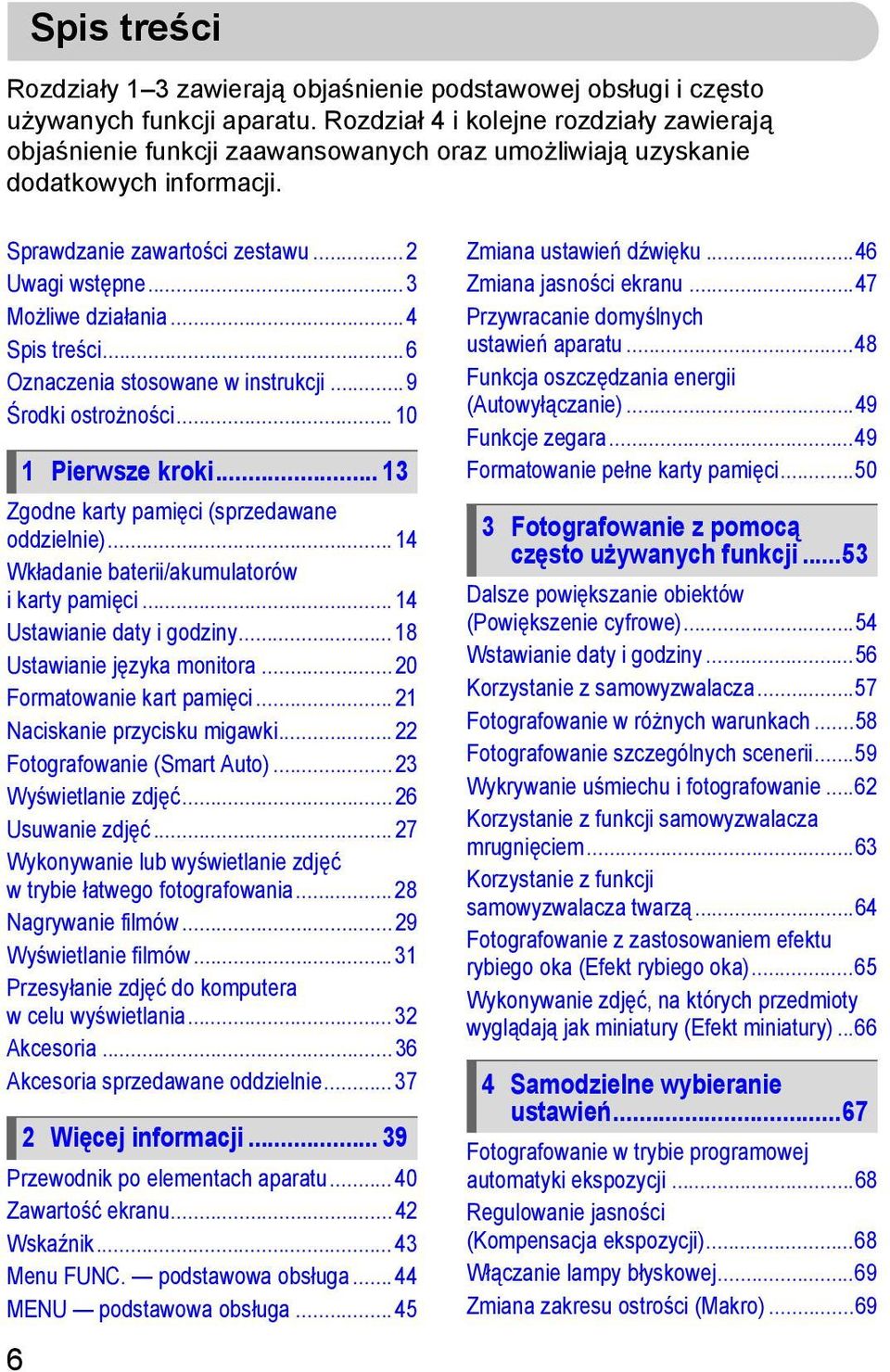 .. 4 Spis treści...6 Oznaczenia stosowane w instrukcji... 9 Środki ostrożności... 10 1 Pierwsze kroki... 13 Zgodne karty pamięci (sprzedawane oddzielnie).