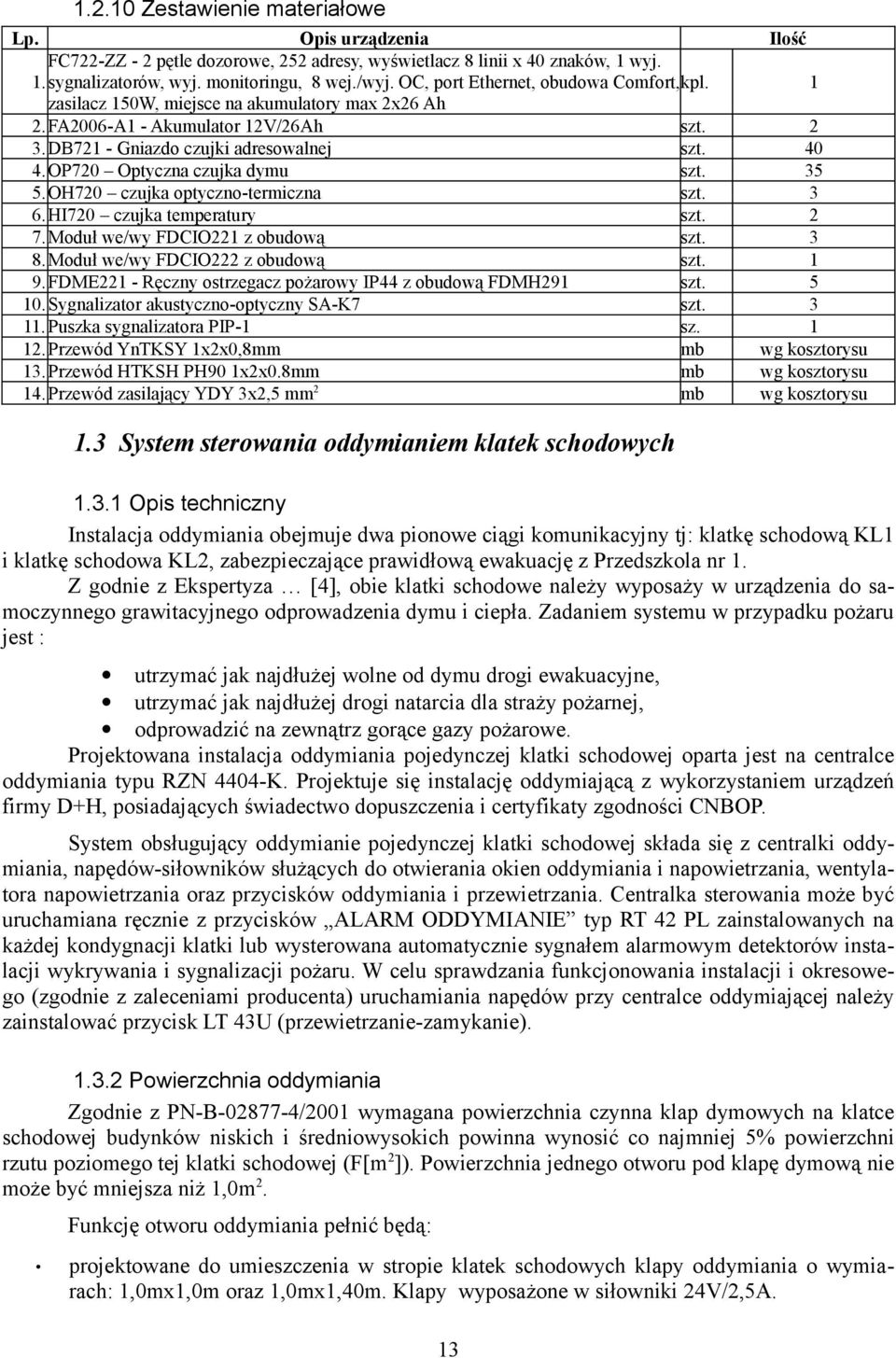 OP720 Optyczna czujka dymu szt. 35 5.OH720 czujka optyczno-termiczna szt. 3 6.HI720 czujka temperatury szt. 2 7.Moduł we/wy FDCIO221 z obudową szt. 3 8.Moduł we/wy FDCIO222 z obudową szt. 1 9.