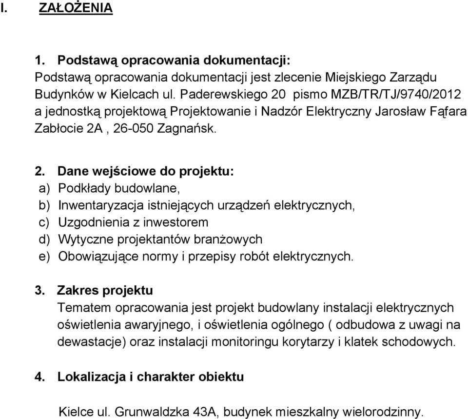 pismo MZB/TR/TJ/9740/2012 a jednostką projektową Projektowanie i Nadzór Elektryczny Jarosław Fąfara Zabłocie 2A