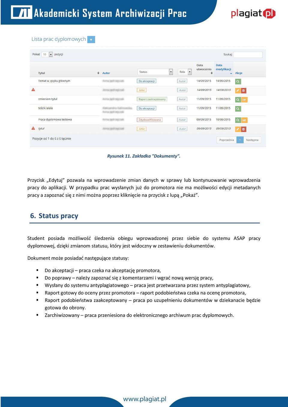 Status pracy Student posiada możliwość śledzenia obiegu wprowadzonej przez siebie do systemu ASAP pracy dyplomowej, dzięki zmianom statusu, który jest widoczny w zestawieniu dokumentów.