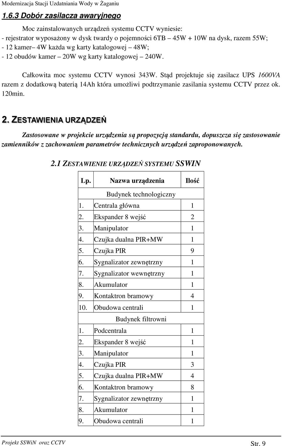 Stąd projektuje się zasilacz UPS 1600VA razem z dodatkową baterią 14Ah która umożliwi podtrzymanie zasilania systemu CCTV przez ok. 120min. 2.