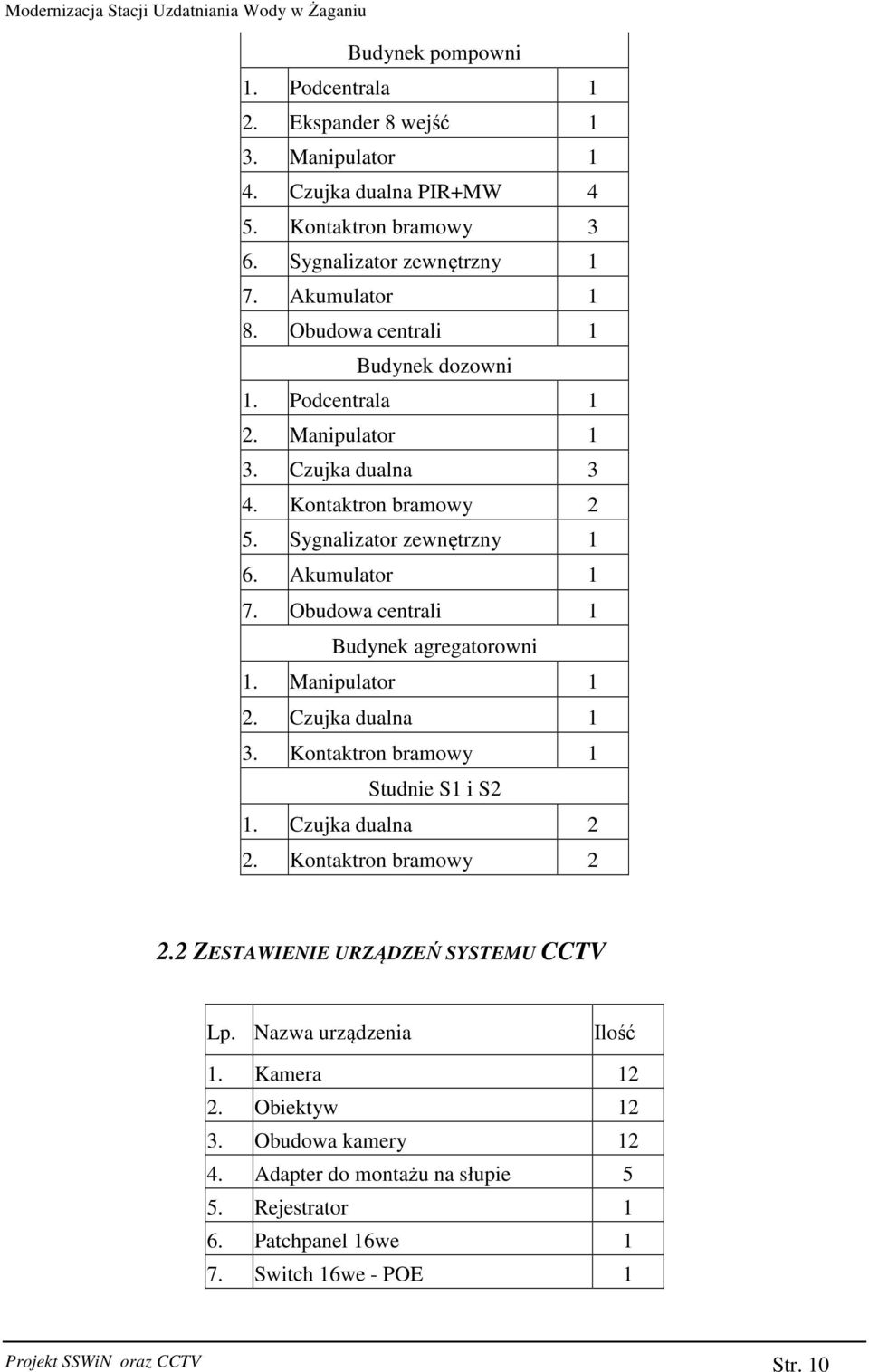 Obudowa centrali 1 Budynek agregatorowni 1. Manipulator 1 2. Czujka dualna 1 3. Kontaktron bramowy 1 Studnie S1 i S2 1. Czujka dualna 2 2. Kontaktron bramowy 2 2.