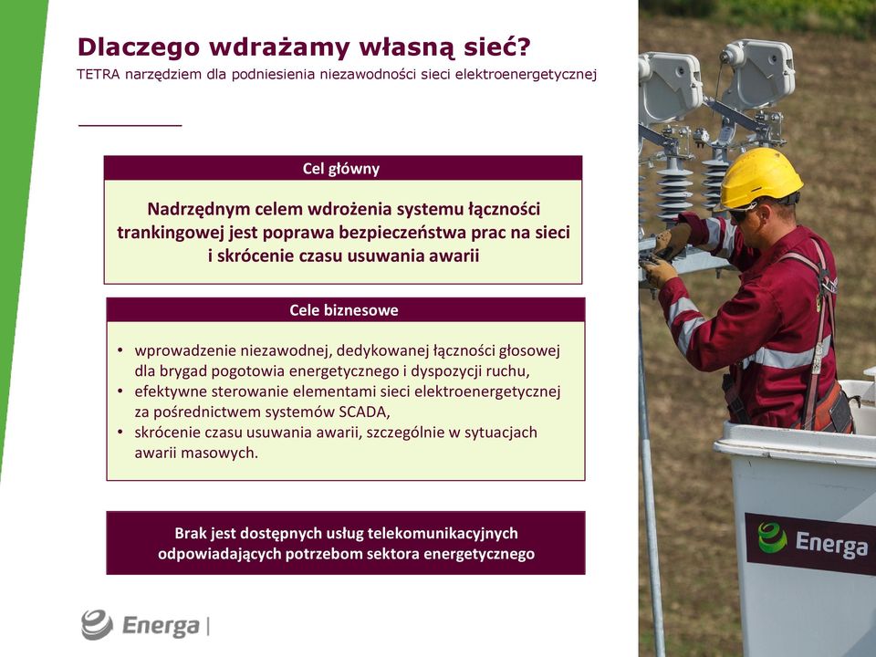 bezpieczeństwa prac na sieci i skrócenie czasu usuwania awarii Cele biznesowe wprowadzenie niezawodnej, dedykowanej łączności głosowej dla brygad pogotowia