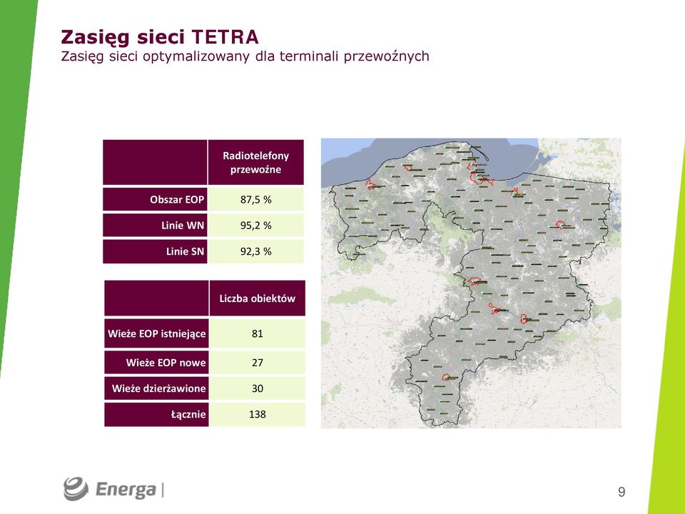 87,5 % Linie WN 95,2 % Linie SN 92,3 % Liczba obiektów