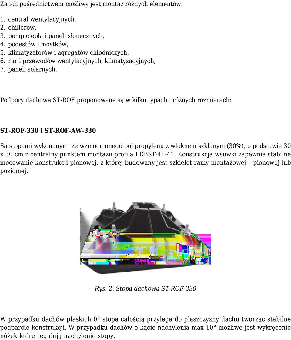 Podpory dachowe ST-ROF proponowane są w kilku typach i różnych rozmiarach: ST-ROF-330 i ST-ROF-AW-330 Są stopami wykonanymi ze wzmocnionego polipropylenu z włóknem szklanym (30%), o podstawie 30 x 30