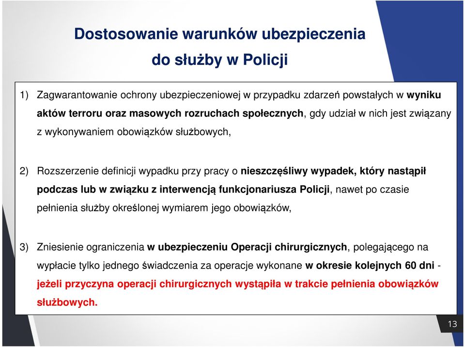 związku z interwencją funkcjonariusza Policji, nawet po czasie pełnienia służby określonej wymiarem jego obowiązków, 3) Zniesienie ograniczenia w ubezpieczeniu Operacji chirurgicznych,