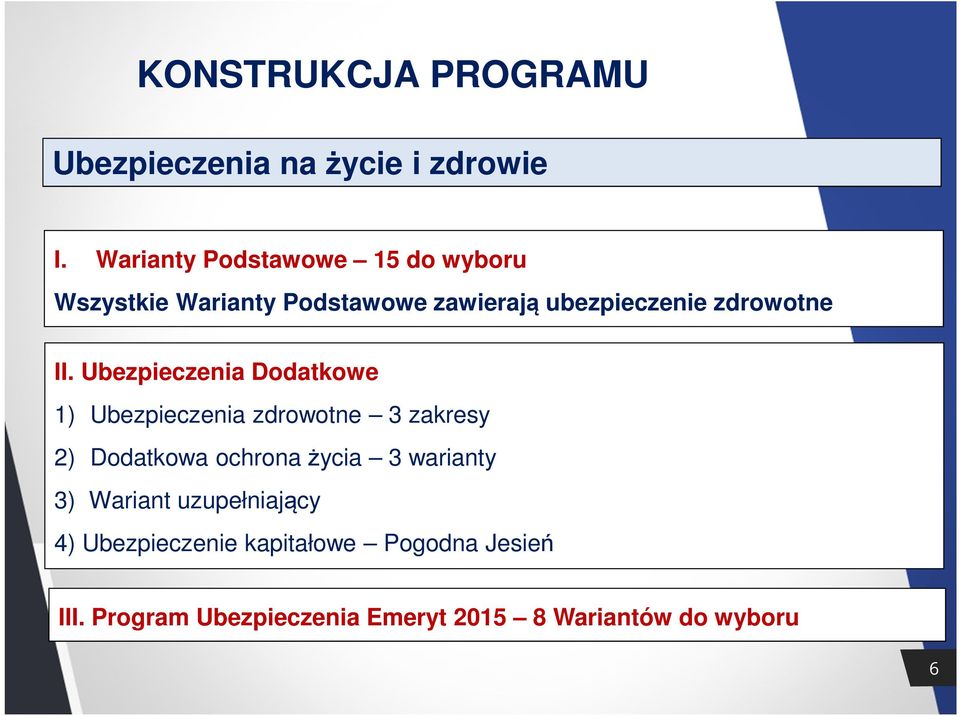 II. Ubezpieczenia Dodatkowe 1) Ubezpieczenia zdrowotne 3 zakresy 2) Dodatkowa ochrona życia 3
