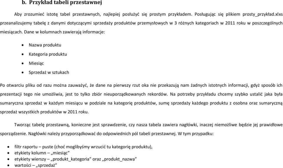 Dane w kolumnach zawierają informacje: Nazwa produktu Kategoria produktu Miesiąc Sprzedaż w sztukach Po otwarciu pliku od razu można zauważyć, że dane na pierwszy rzut oka nie przekazują nam żadnych