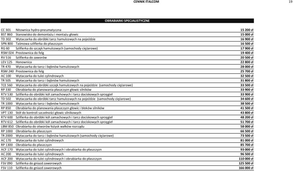 do zaworów 20 500 zł LEV 125 Honownica 22 800 zł TR 470 Wytaczarka do tarcz i bębnów hamulcowych 28 000 zł RSM 240 Prostownica do felg 25 700 zł AC 100 Wytaczarka do tulei cylindrowych 32 500 zł TR