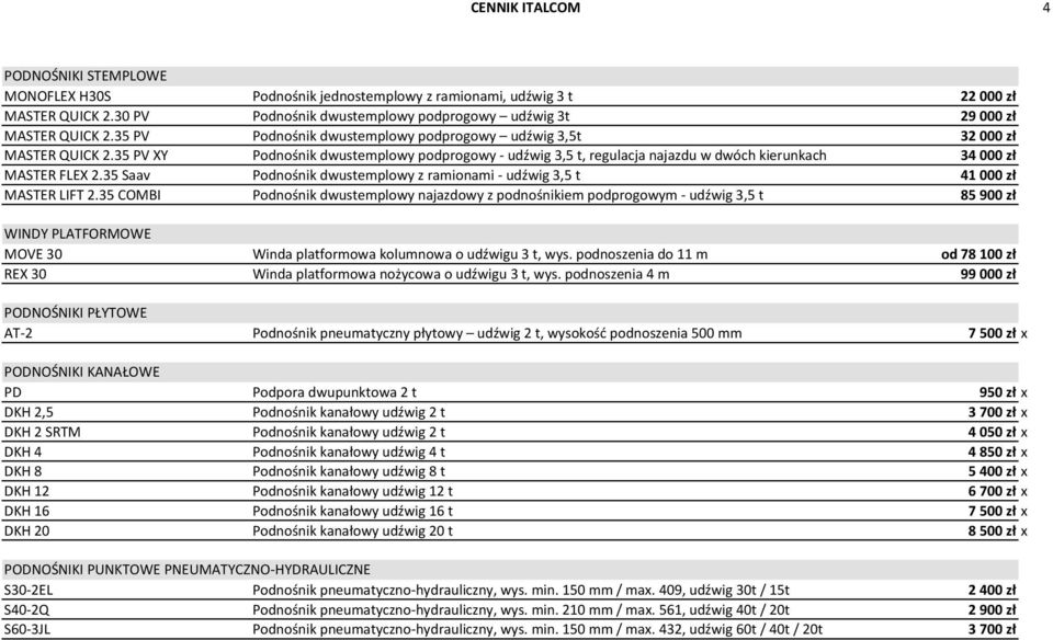 35 PV XY Podnośnik dwustemplowy podprogowy - udźwig 3,5 t, regulacja najazdu w dwóch kierunkach 34 000 zł MASTER FLEX 2.