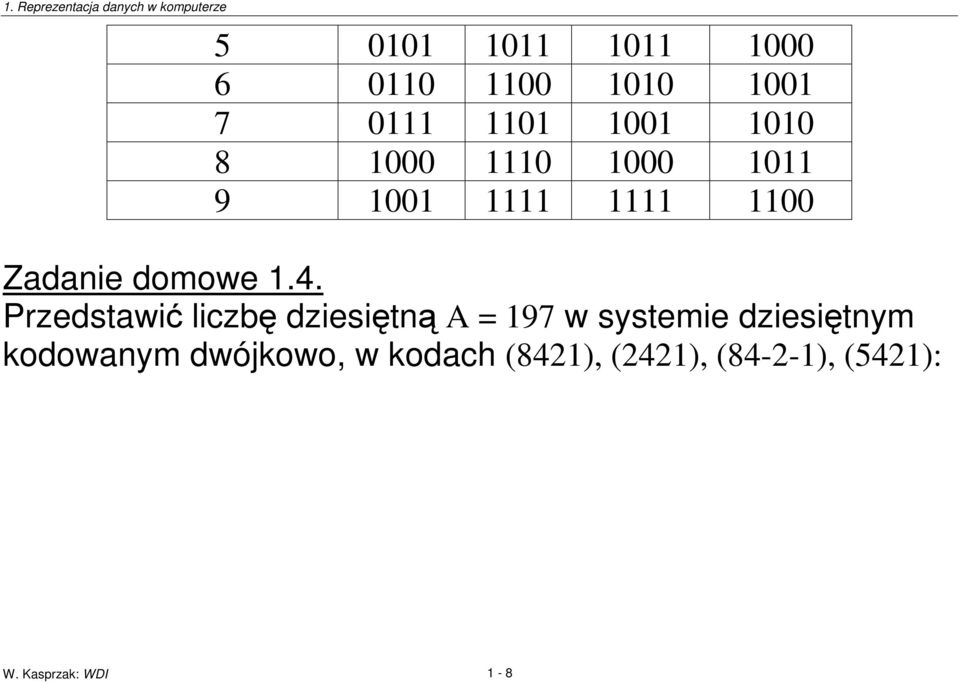 Przedstawi liczb dziesitn A = 197 w systemie dziesitnym kodowanym