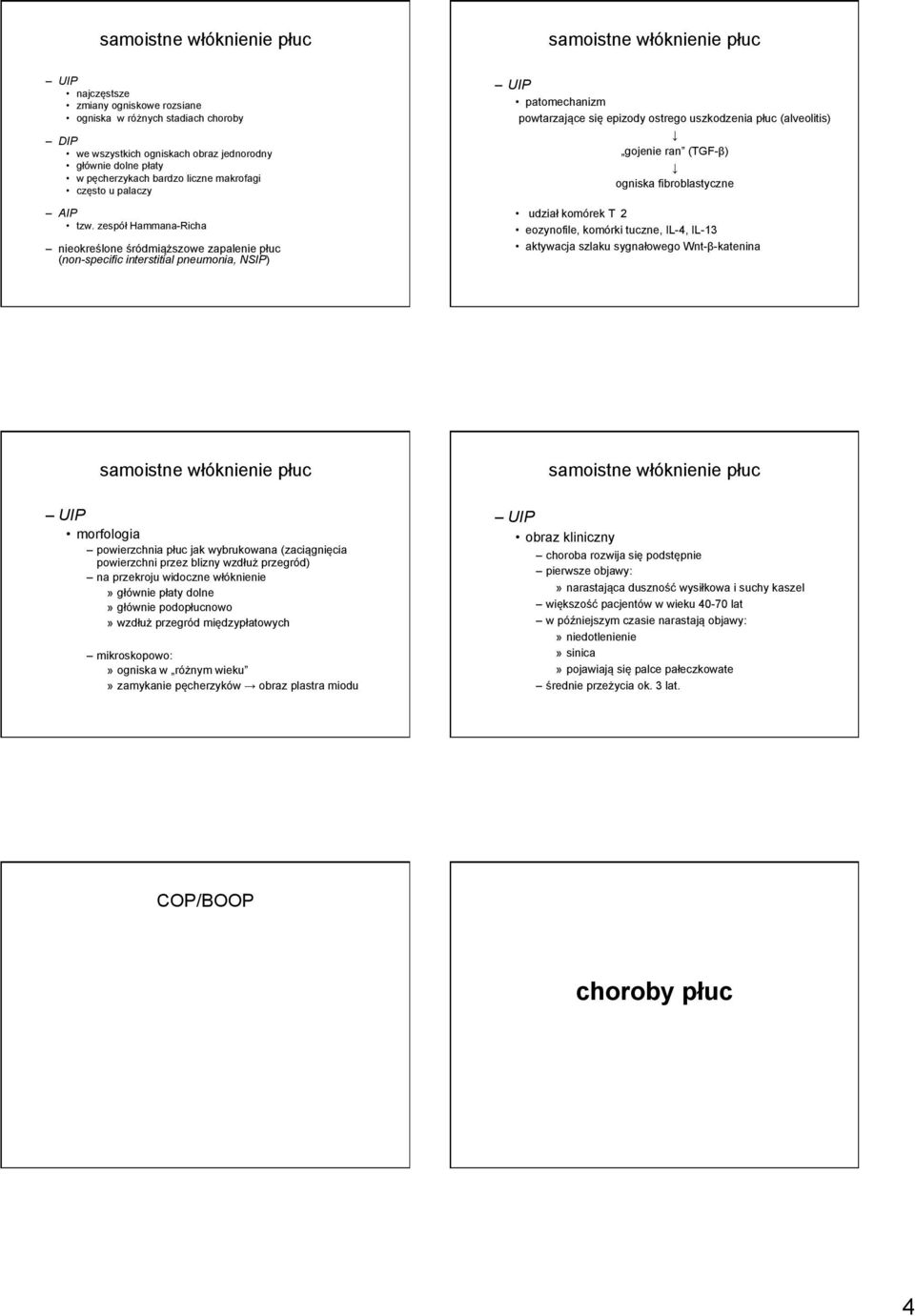 ran (TGF-β) ogniska fibroblastyczne udział komórek T H 2 eozynofile, komórki tuczne, IL-4, IL-13 aktywacja szlaku sygnałowego Wnt-β-katenina morfologia powierzchnia płuc jak wybrukowana (zaciągnięcia