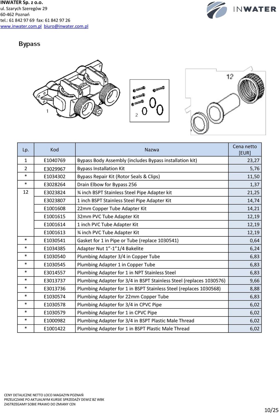 PVC Tube Adapter Kit 12,19 E1001614 1 inch PVC Tube Adapter Kit 12,19 E1001613 ¾ inch PVC Tube Adapter Kit 12,19 * E1030541 Gasket for 1 in Pipe or Tube (replace 1030541) 0,64 * E1034385 Adapter Nut