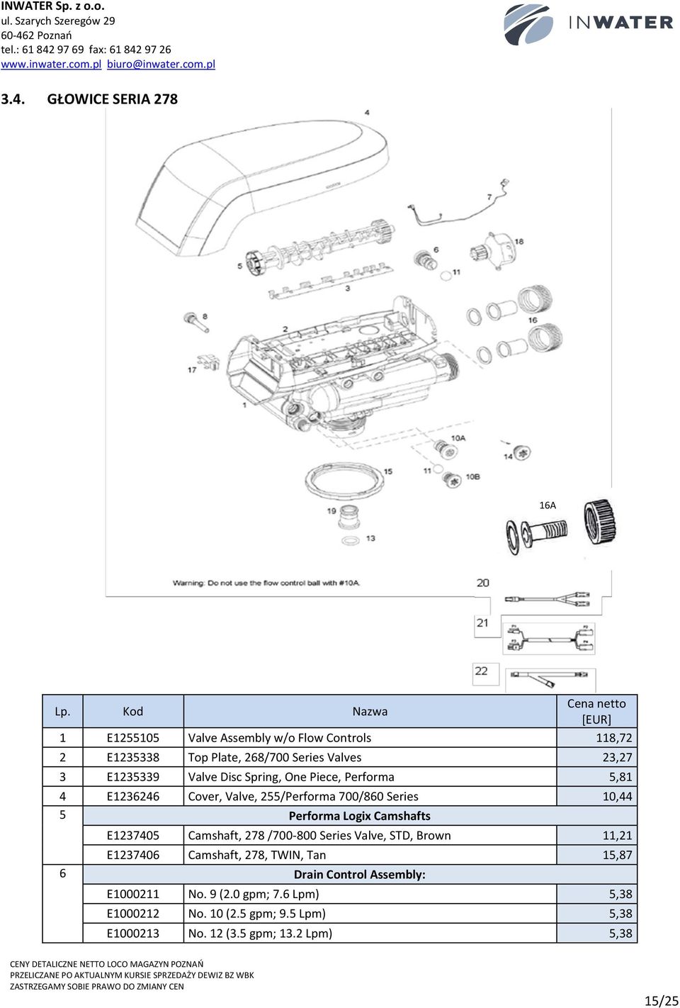 Camshafts E1237405 Camshaft, 278 /700-800 Series Valve, STD, Brown 11,21 E1237406 Camshaft, 278, TWIN, Tan 15,87 6 Drain Control