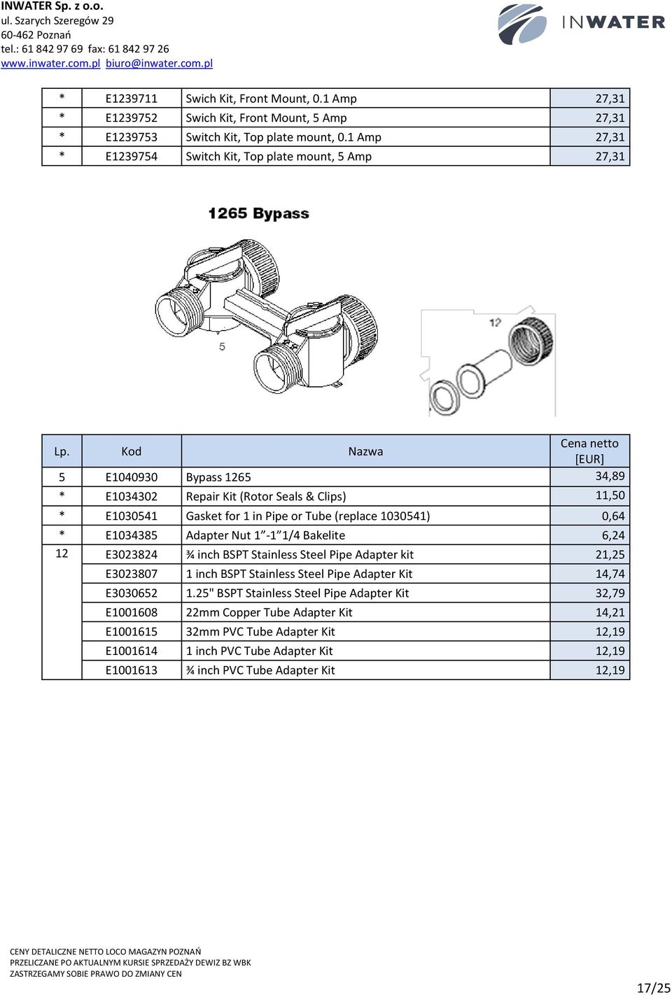 (replace 1030541) 0,64 * E1034385 Adapter Nut 1-1 1/4 Bakelite 6,24 12 E3023824 ¾ inch BSPT Stainless Steel Pipe Adapter kit 21,25 E3023807 1 inch BSPT Stainless Steel Pipe Adapter Kit