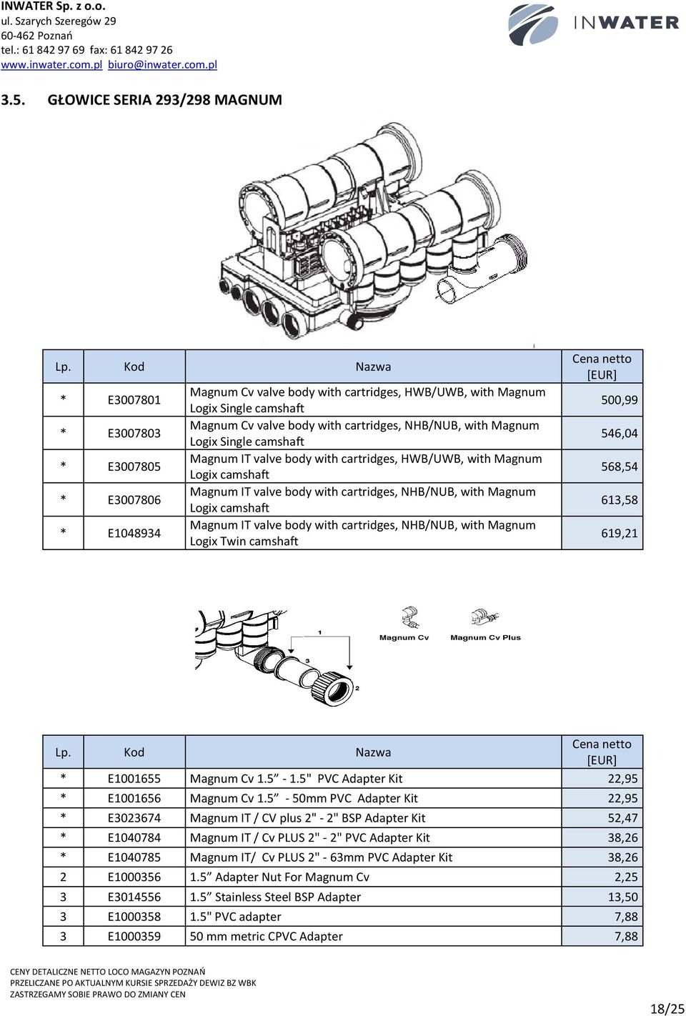 camshaft Magnum IT valve body with cartridges, NHB/NUB, with Magnum Logix Twin camshaft 500,99 546,04 568,54 613,58 619,21 * E1001655 Magnum Cv 1.5-1.5" PVC Adapter Kit 22,95 * E1001656 Magnum Cv 1.