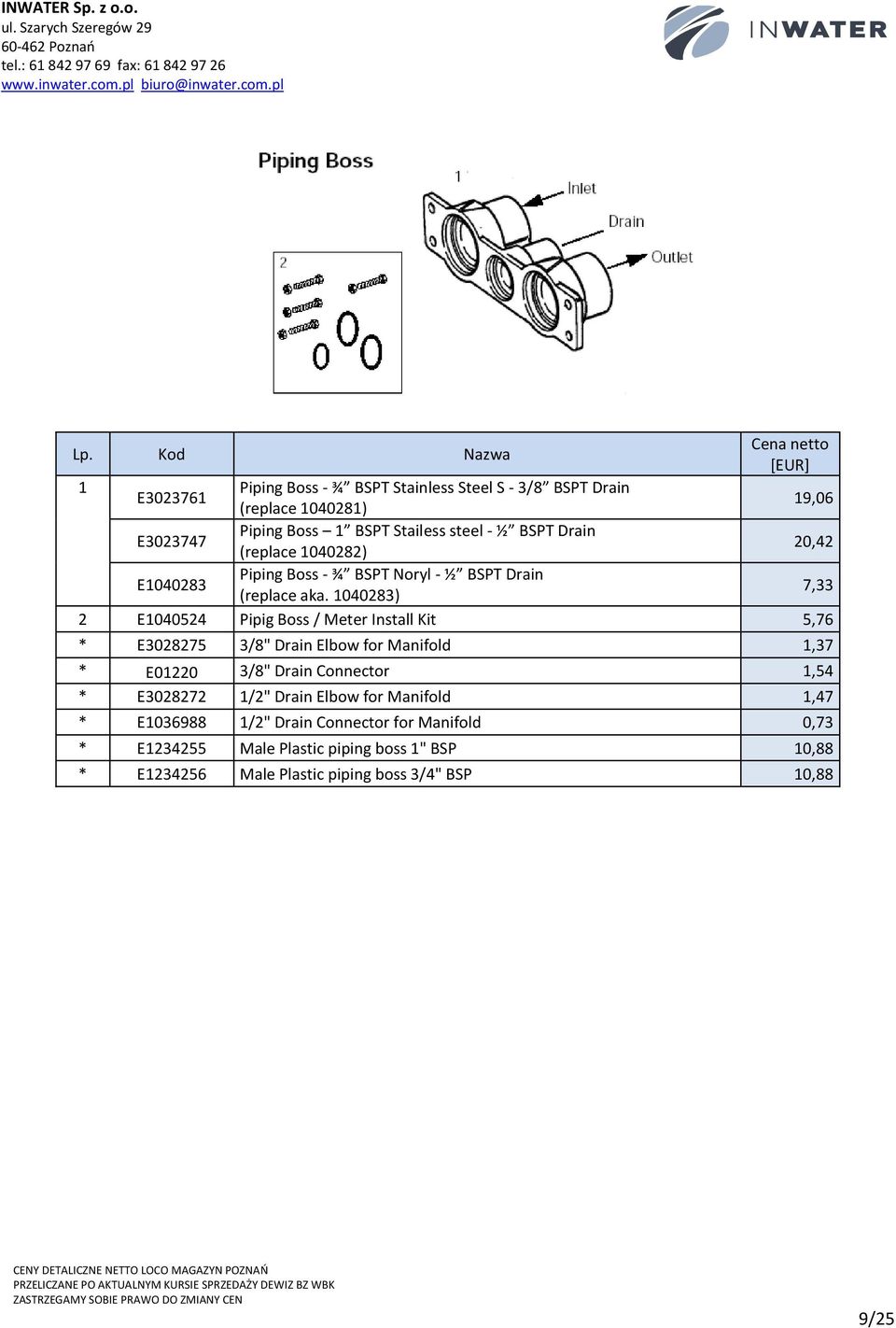 1040283) 7,33 2 E1040524 Pipig Boss / Meter Install Kit 5,76 * E3028275 3/8" Drain Elbow for Manifold 1,37 * E01220 3/8" Drain Connector 1,54 *