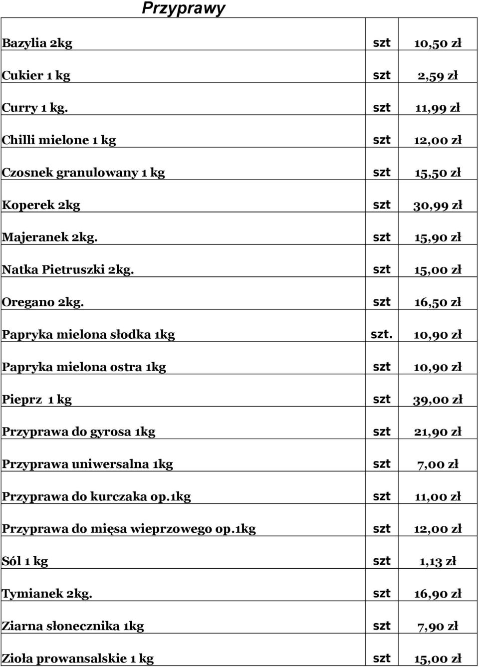 szt 15,00 zł Oregano 2kg. szt 16,50 zł Papryka mielona słodka 1kg szt.