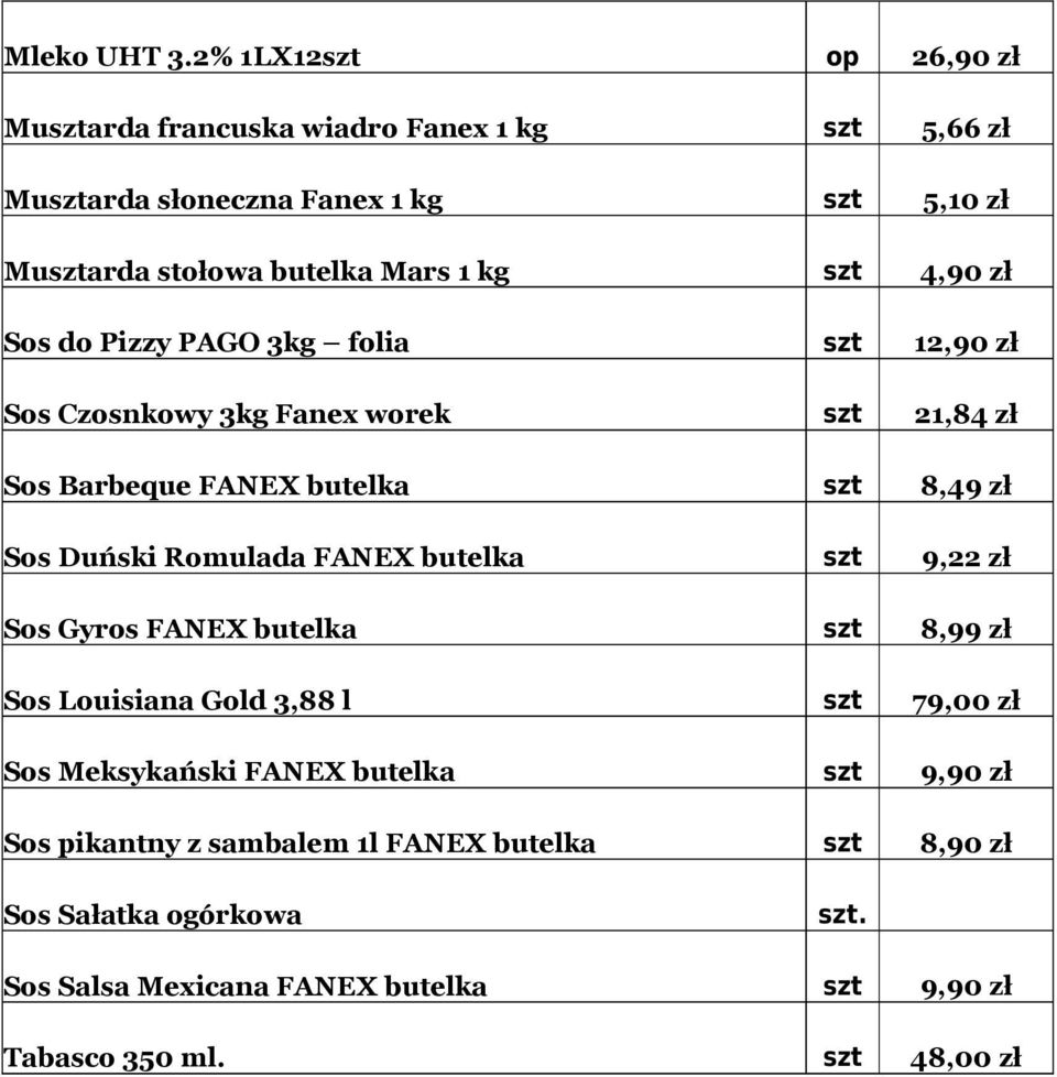 szt 4,90 zł Sos do Pizzy PAGO 3kg folia szt 12,90 zł Sos Czosnkowy 3kg Fanex worek Sos Barbeque FANEX butelka Sos Duński Romulada FANEX butelka szt 21,84