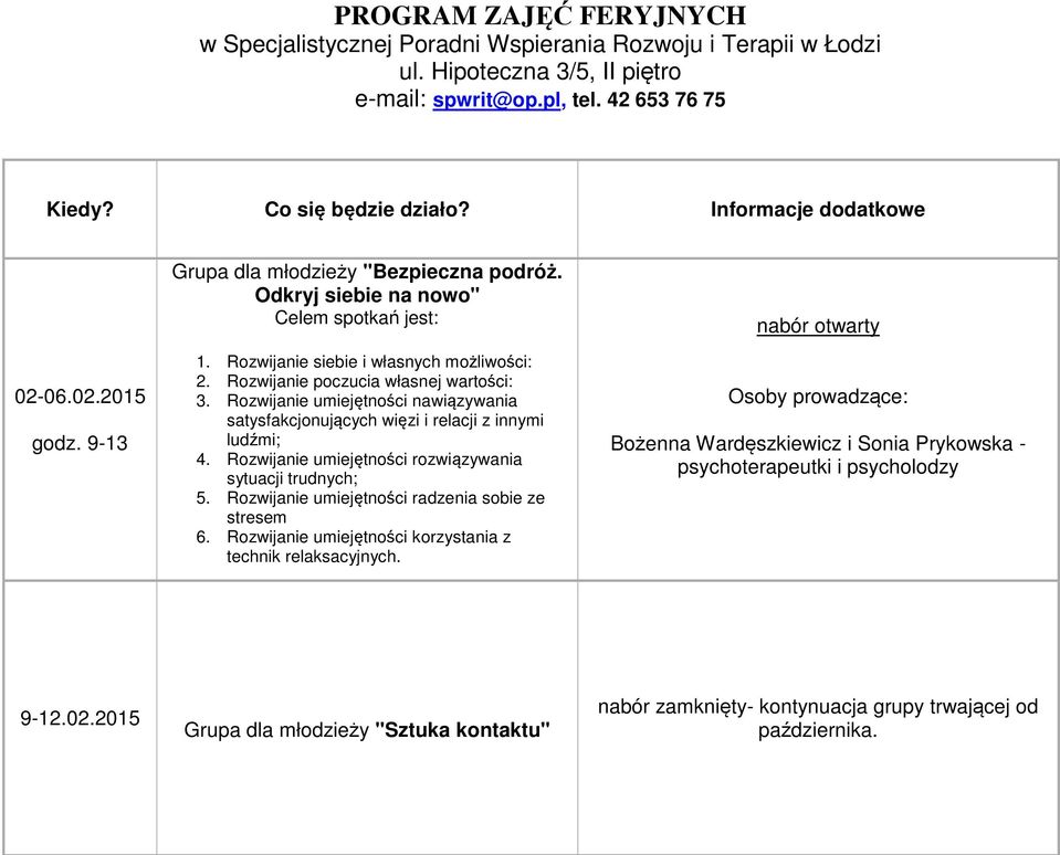 Rozwijanie umiejętności nawiązywania satysfakcjonujących więzi i relacji z innymi ludźmi; 4. Rozwijanie umiejętności rozwiązywania sytuacji trudnych; 5.