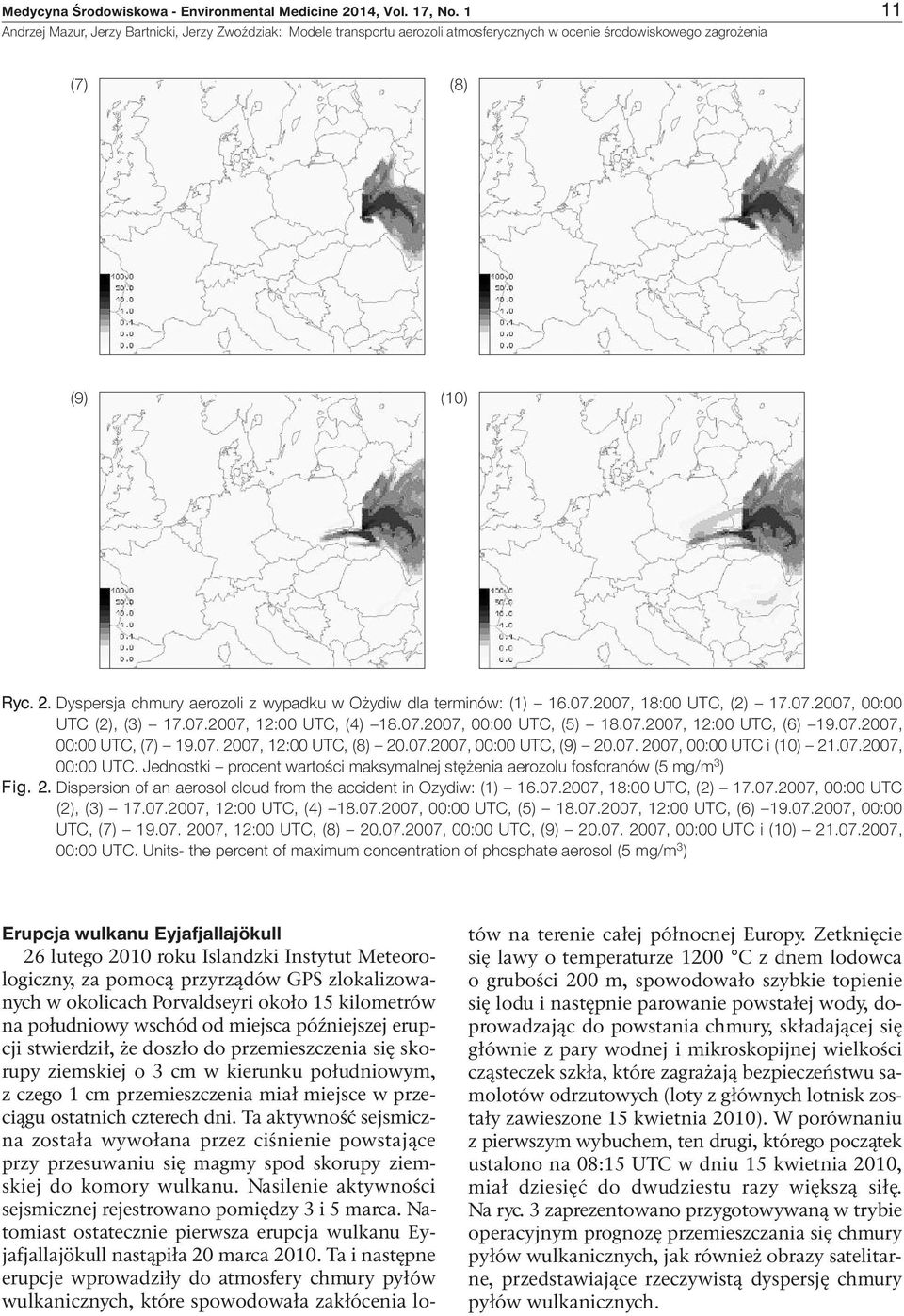 2. Dispersion of an aerosol cloud from the accident in Ozydiw: (1) 16.07.2007, 18:00 UTC, (2) 17.07.2007, 00:00 UTC (2), (3) 17.07.2007, 12:00 UTC, (4) 18.07.2007, 00:00 UTC, (5) 18.07.2007, 12:00 UTC, (6) 19.