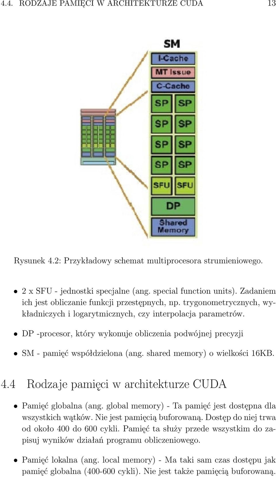 DP -procesor, który wykonuje obliczenia podwójnej precyzji SM - pamięć współdzielona (ang. shared memory) o wielkości 16KB. 4.4 Rodzaje pamięci w architekturze CUDA Pamięć globalna (ang.