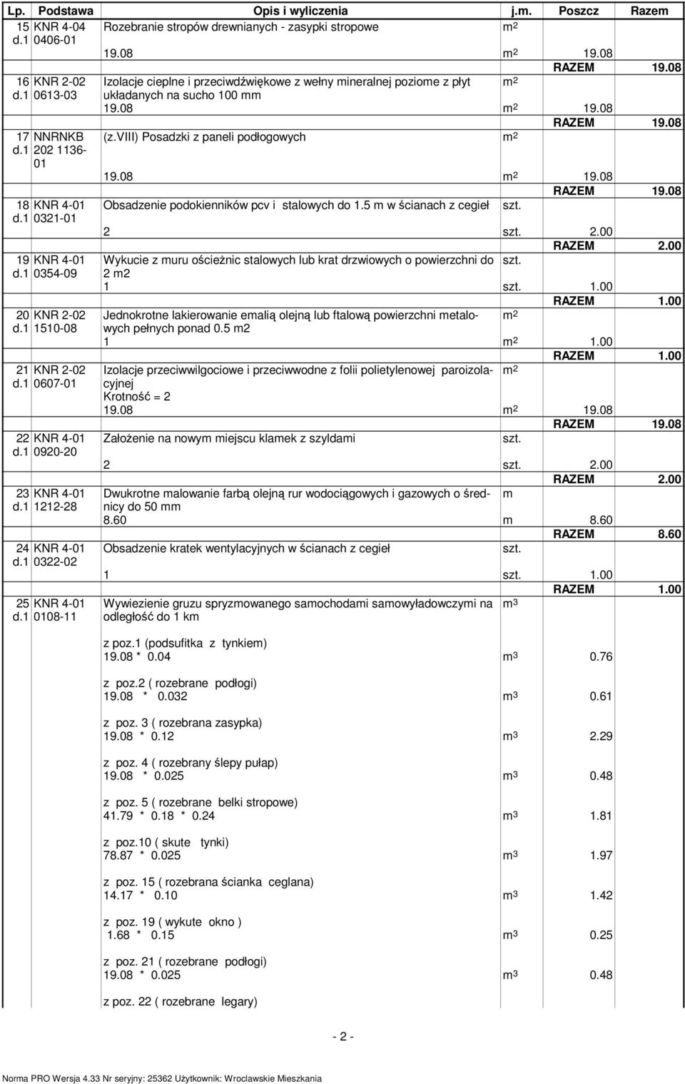 1 0108-11 Izolacje cieplne i przeciwdźwiękowe z wełny mineralnej poziome z płyt układanych na sucho 100 mm 19.08 19.08 (z.viii) Posadzki z paneli podłogowych 19.08 19.08 Obsadzenie podokienników pcv i stalowych do 1.